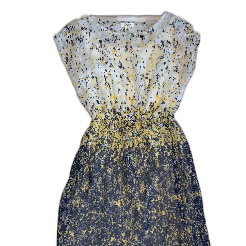 Cato Blue Yellow Splatter Print Dress XS Cap Sleeve Belted Chiffon - Picture 3 of 9